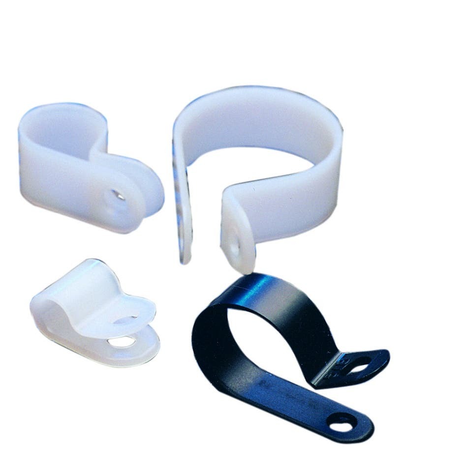 IDEAL, Clamp, Staple Size: 3/8 IN Width X 050 IN Thickness X 0.125 IN Closed Diameter, Material: Nylon, Color: Natural, Mounting: 0.203 IN Hole X 0.343 IN Center To Center
