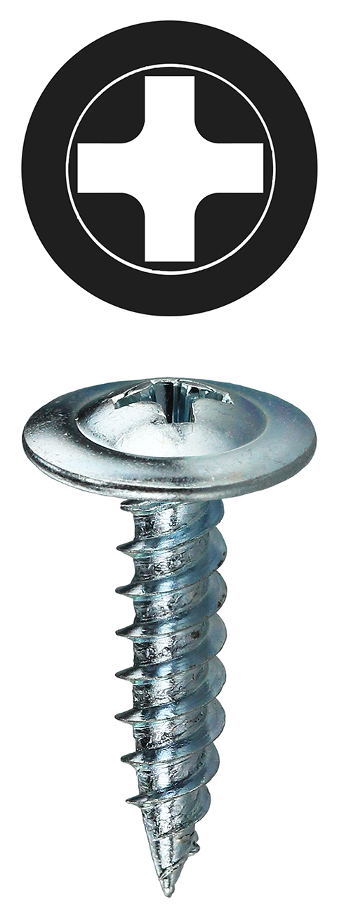 K-Lath Screw, Steel material, 1-1/4 in. length, #8 thread size, Wafer head type, Zinc Plated Finish, Phillips drive type, #2 drill point size, Patented Invincibox Packaging