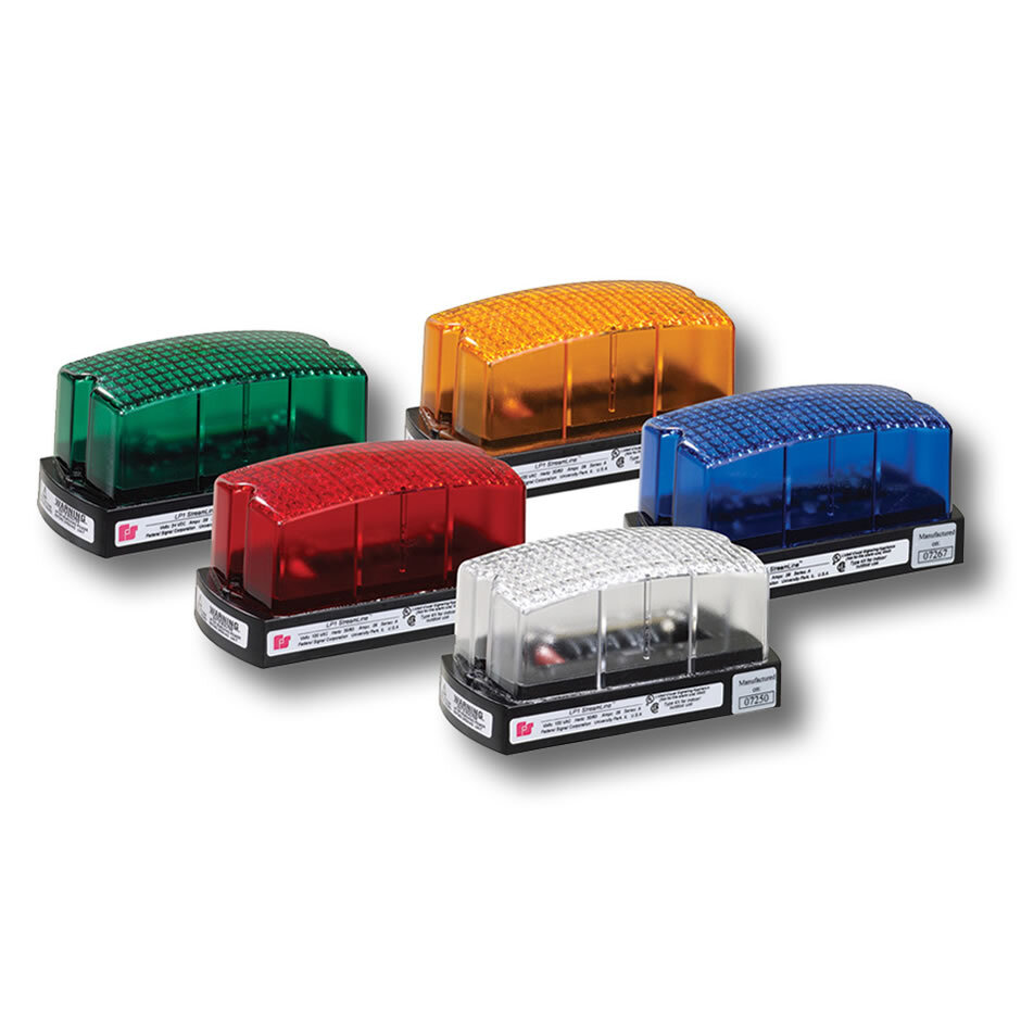 StreamLine Low Profile Mini Strobe, 120VAC, Amber - Available in 12VDC, 24VDC, 120VAC and 240VAC. Surface mount. Five lens colors: Amber, Blue, Clear, Green and Red. Low profile, only 2.61" high by 2.33" wide by 5.05" long. Conformal coated PCB. Type 4X enclosure. UL and cUL Listed.