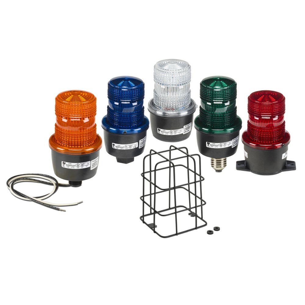 StreamLine Low Profile Strobe Light, 120VAC, Surface Mount, Red - Available in 12-48VDC, 120VAC and 240VAC, LP3E available in 120VAC only. Surface mount (S), Edison mount (E), T-mount (T), integrated 1/2-inch NPT pipe mount (P) or 1/2-inch NPT male pipe mount (M). Five lens colors: Amber, Blue, Clear, Green and Red. Screw-on lens provides easy access. Conformal coated PCB.  Type 4X, IP66 enclosure. IP69K compliant (excludes models LP3E and LP3T).  PLC and triac compatible. CSA Certified. UL and cUL Listed.