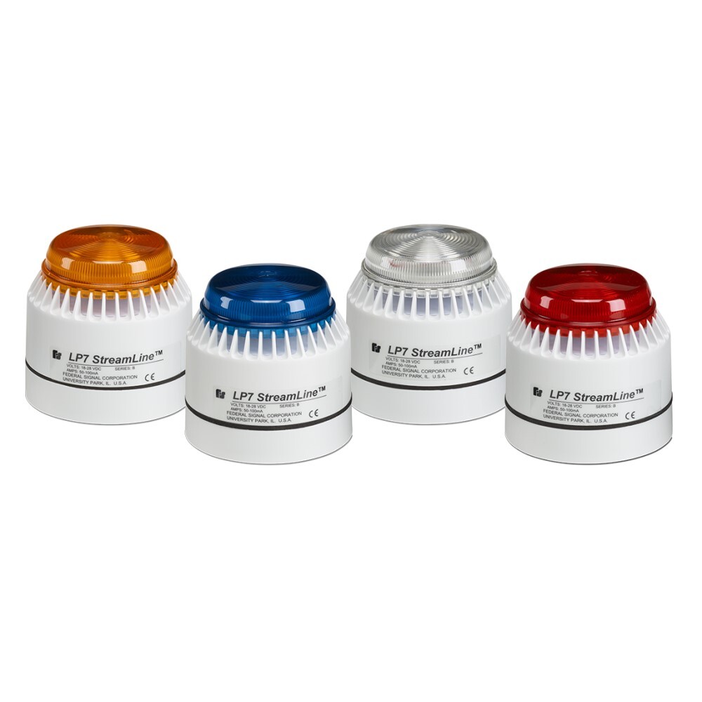 StreamLine Low Profile Combination Sounder/Strobe, 18-28VDC, Amber - Fully integrated xenon strobe circuit. Four lens colors: Amber, Blue, Clear and Red. Heavy duty ABS plastic body. Produces 82 to 100 dBA at 10 feet (92 to 110 dBA at 1 meter). IP54 enclosure (IP65 with optional deep base). CE Certified.
