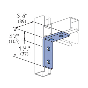 Unistrut P1325 EG 90 DEG Angle Fitting, 4 Hole, ASTM A575, A576, A635 Or A36, ASTM A1011 SS GR 33 Steel, Electro-Galvanized Conforming To ASTM B633 Type III SC1, 9/16 IN Hole Diameter, Hole Spacing: From End: 13/16 IN, On Center: 1-7/8 IN, 1/4 IN Stock Thickness, 1-5/8 IN Width, 3-1/2 IN Length, 4-1/8 IN Height, For Use With Any 1-5/8 IN Channel