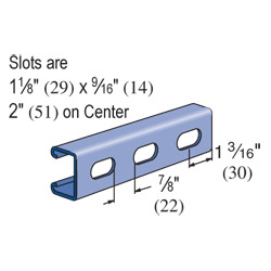 Unistrut P3300T 10PG Slotted Channel, 10 FT Length, 1-5/8 IN Width, 1-5/8 IN Depth, 1-5/8 IN Flange Width, 12 GA Flange Thickness, 12 GA, Slot Size: 1-1/8 IN X 9/16 IN, Low Carbon Steel, Pre-Galvanized Conforming To ASTM A653 G90, ASTM A1011, Grade: 33, Weight: 130 LB/100 FT