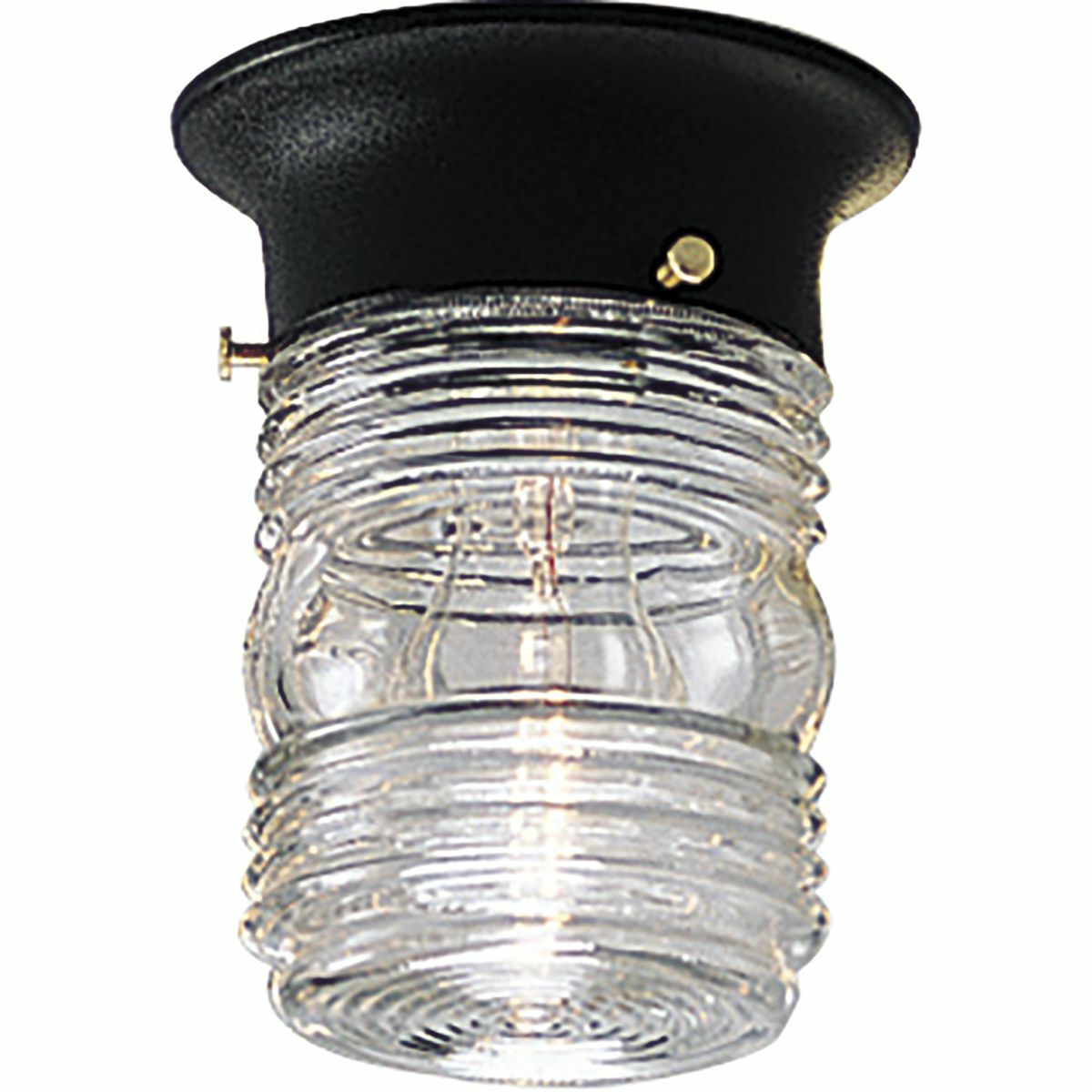 An outdoor injelly jar in utility flush mount featuring a black powder-coated finish and clear marine glass. The fixture is wet location listed and ideal for outdoor spaces. The glass shape is a reminder of the old-fashioned jelly jars.