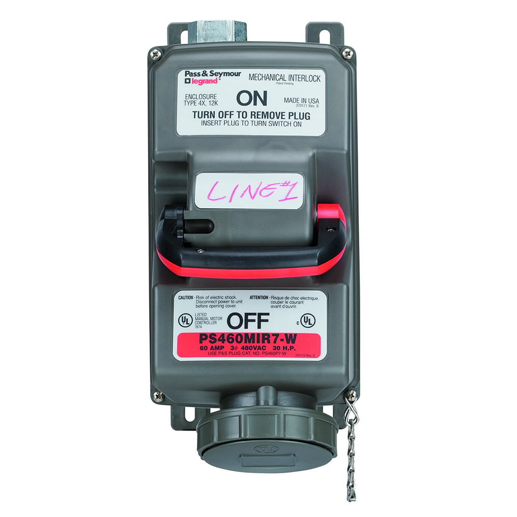 Triple pole, Four wire, Non-Fusible Mechanical Interlock Receptacle. 60 amp, 3, 480 vac.