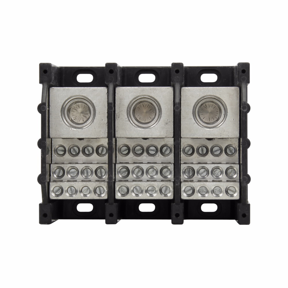 Eaton Bussmann series power distribution block, 600 Vac, 600 Vdc, 420A, Power distribution block, Three-pole, SCCR: 10 kA, Black, Molded Thermoplastic Base, Tin-plated aluminum connector - 16376-3