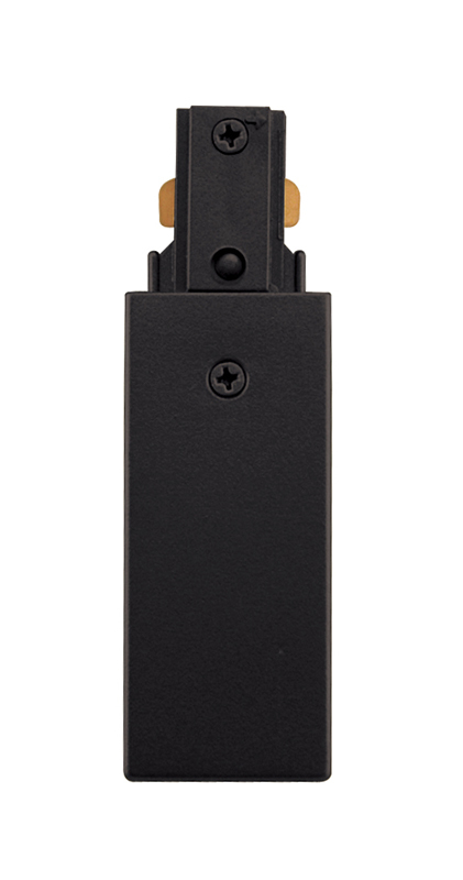 The end feed connector feeds trac from above with a flexible conduit, BX, or end feed in pendant systems. Accepts a standard 1/2-inch connector.  Reverse polarity R38R Series end feed connector is designed for use in opposite polarity orientation compared to standard feed connectors.