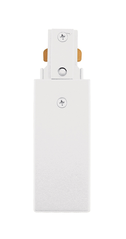 The end feed connector feeds trac from above with a flexible conduit, BX, or end feed in pendant systems. Accepts a standard 1/2-inch connector.  Reverse polarity R38R Series end feed connector is designed for use in opposite polarity orientation compared to standard feed connectors.