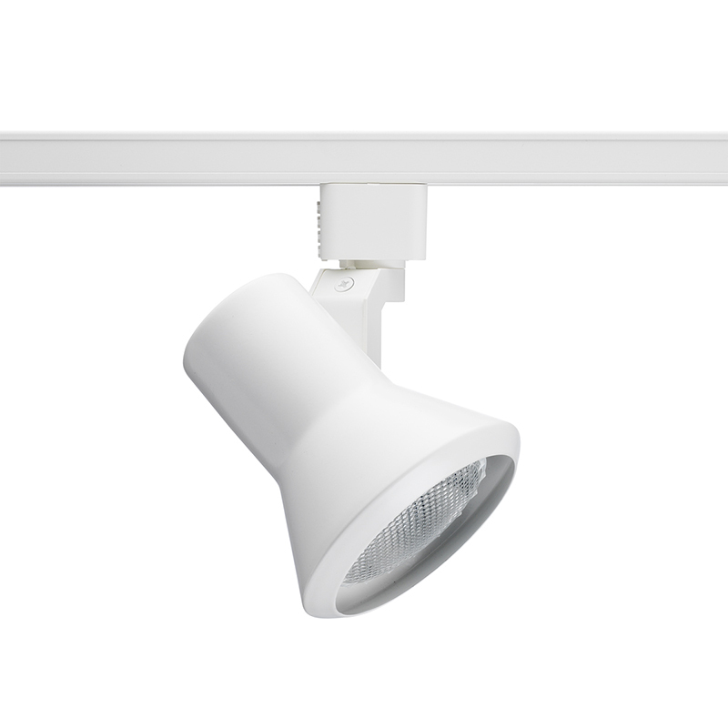 A compact and contemporary appearance is dynamically achieved with tight-to-the-trac flared step fixtures. The enclosed lamp design entirely hides the lamp from view. Front relamping is a key feature of the flared step series. For use with 50-watt maximum PAR20 lamp.
