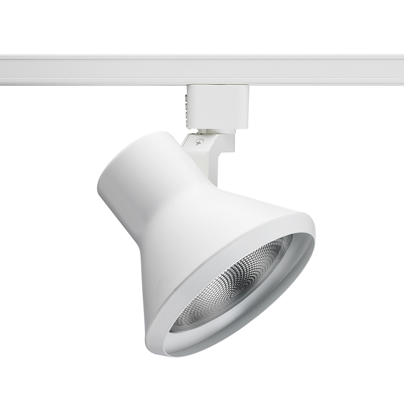 A compact and contemporary appearance is dynamically achieved with tight-to-the-trac flared step fixtures. The enclosed lamp design entirely hides the lamp from view. Front relamping is a key feature of the flared step series. For use with 75-watt maximum PAR30 lamp.