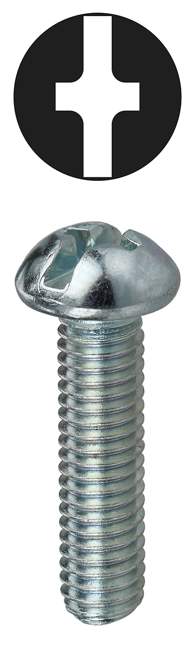 Machine Screw, Steel material, 2 in. length, #10-32 thread size, Round head type, Zinc Plated Finish, Slotted/Phillips drive type