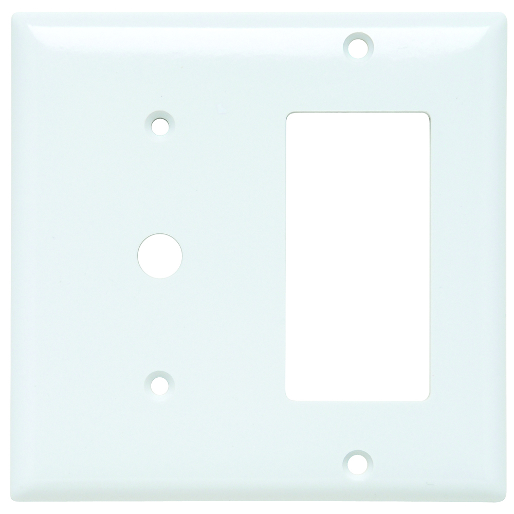 Double gang, Single telephone, single decorator standard combination. Smooth Thermoset. White.