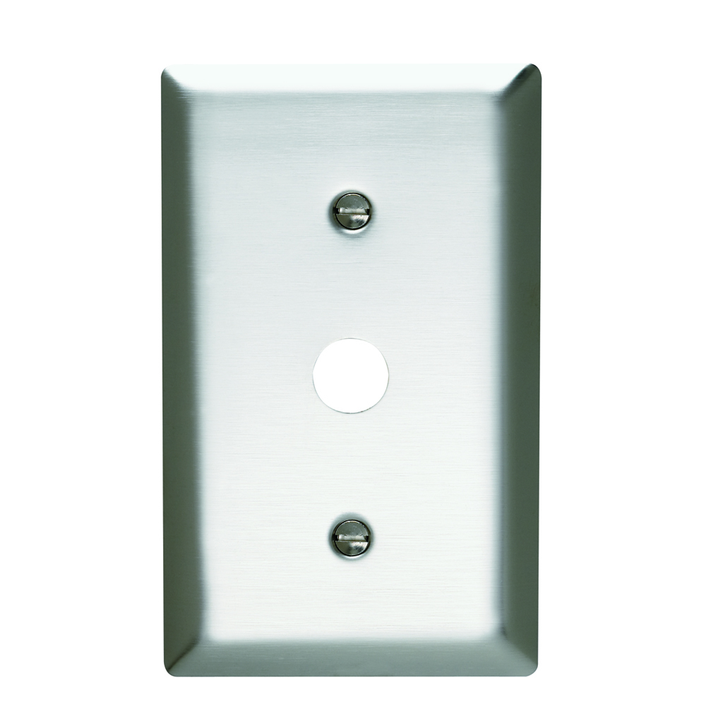 Single gang, Single telephone or cable outlet removable 13/32 ID grommet in 17/32hole. Strap mounted with adjustable yoke. One #340 yoke. 302 Smooth stainless steel.