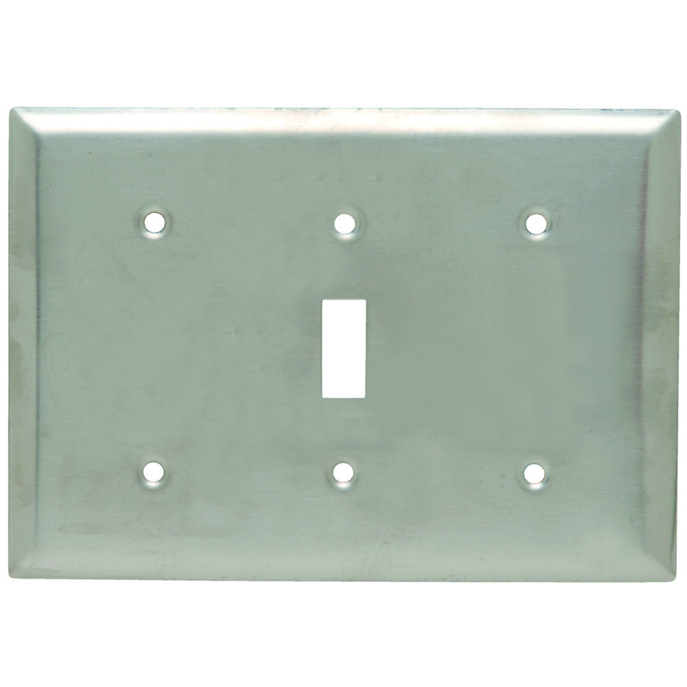 Combination Wall Plate, 1 Blank, 1 Toggle Switch and, 1 Blank, Three Gang, 302 Stainless Steel