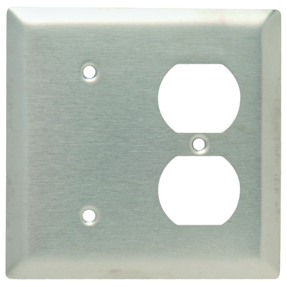 2-Gang Combination Wall Plate, 1 Blank and1 Duplex Receptacle, Strap Mount, 302 Stainless Steel