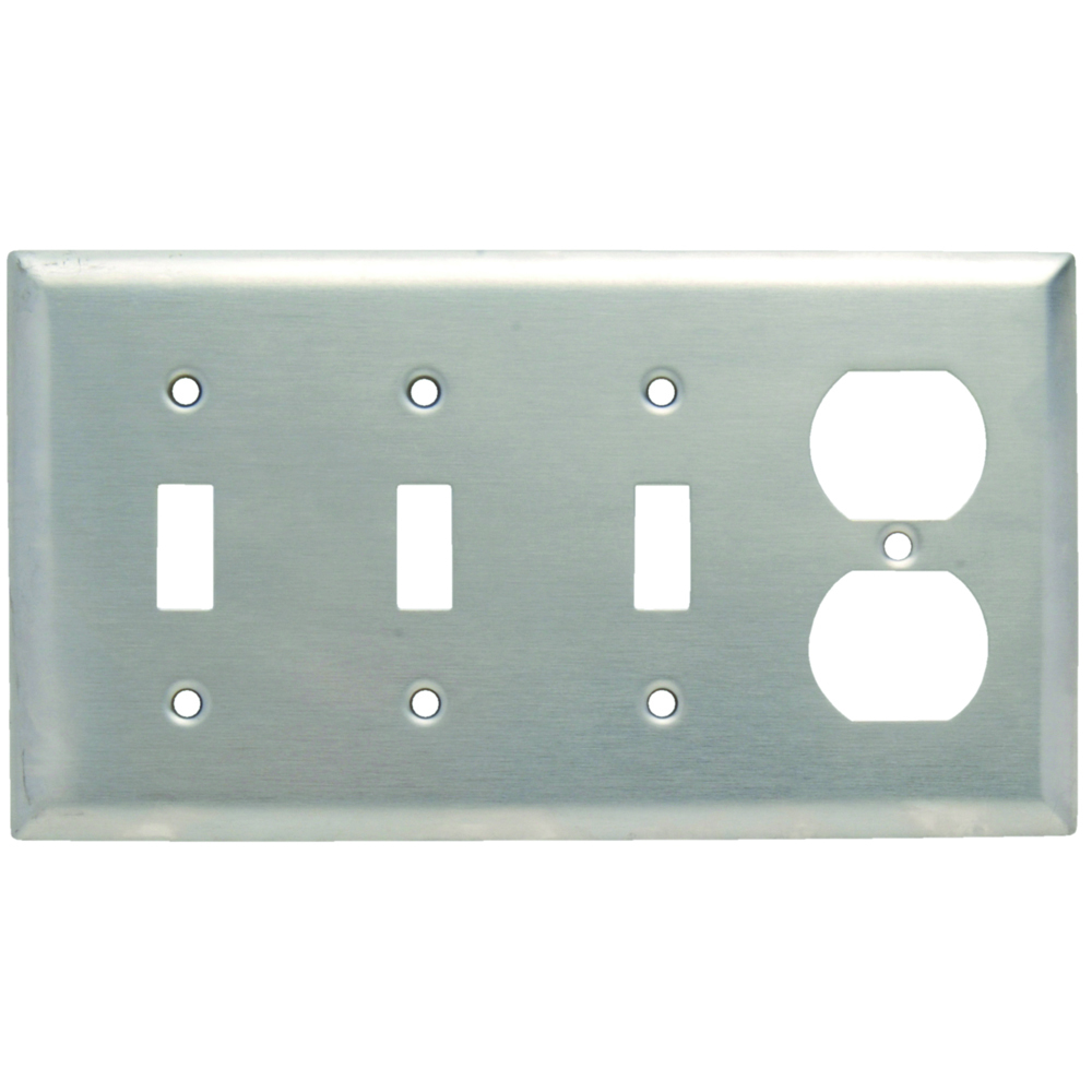 Combination Wall Plate, 3 Toggle Switch and, 1 Duplex Receptacle, Four Gang, 302 Stainless Steel