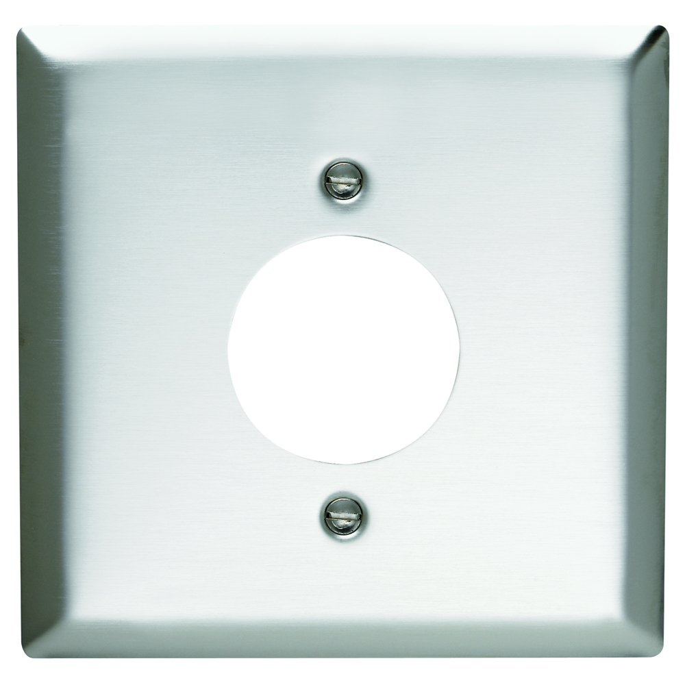 Two Gang Power Outlet Receptacle Opening, 1.5938 hole for 1.5625 diameter device -2 mtg. holes, Smooth Metal.