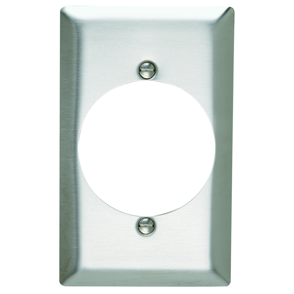 One Gang Power Outlet Receptacle Opening, 2.156 hole for 2.125 diameter device - 2 mtg. holes, Smooth Metal Stainless Steel