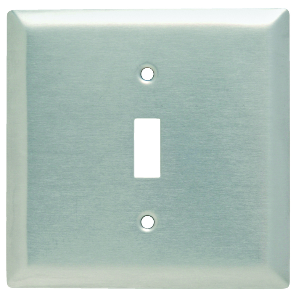 Two-Gang Wallplate with Center opening, Single toggle, Smooth 302 Stainless Steel.