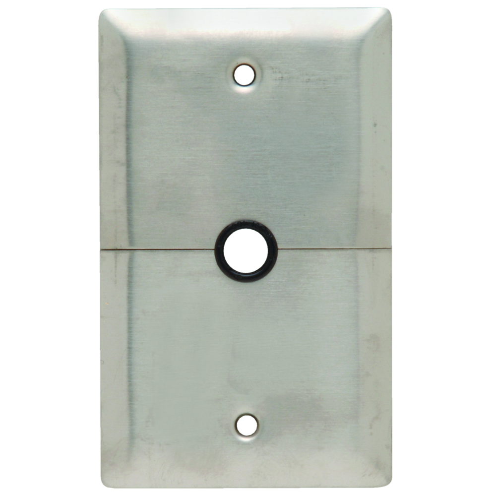 Single gang, Single outlet, horizontal split wall plate for television or cable lead in. Box mounted, removable 13/32 ID grommet in 1/2 hole. Smooth 302 Stainless Steel.