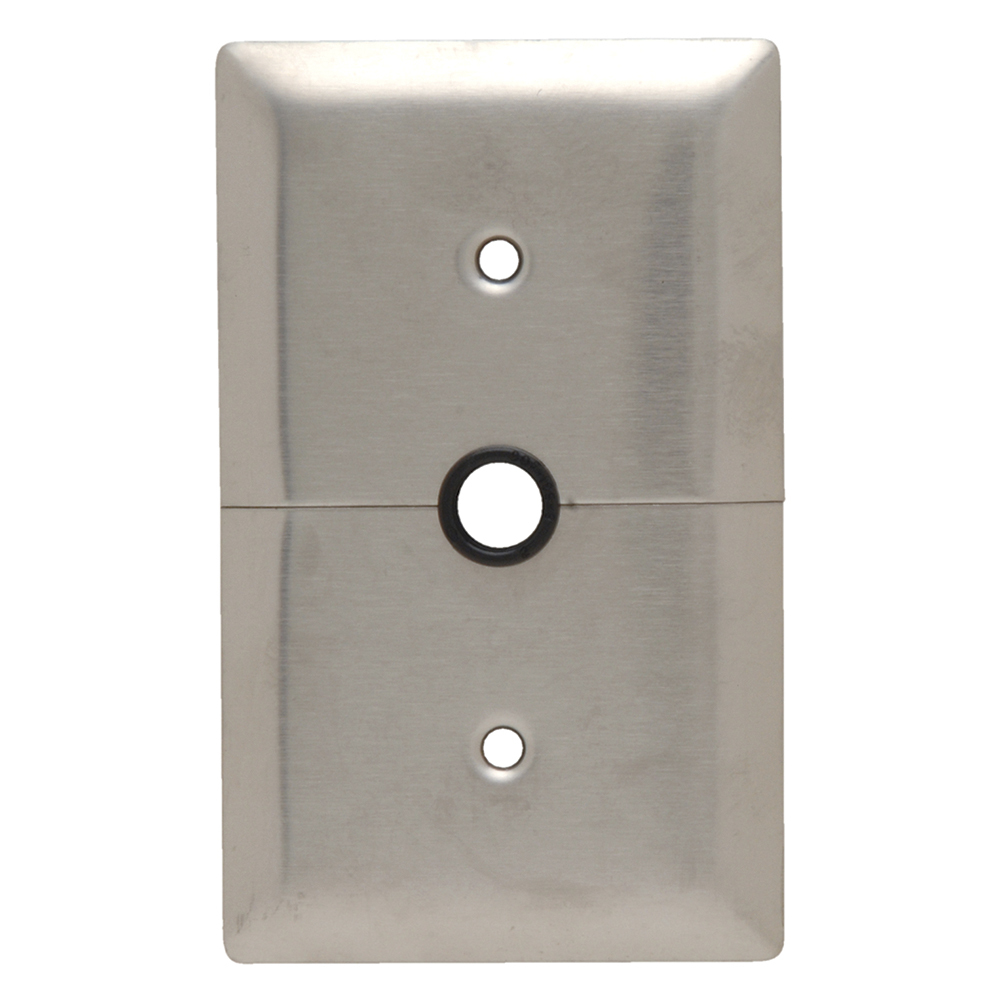 Single gang, Single outlet, horizontal split wall plate for television or cable lead in. Supplied with #340 yoke, Box mounted, removable 13/32 ID grommet in 17/32 hole. Smooth 302 Stainless Steel.
