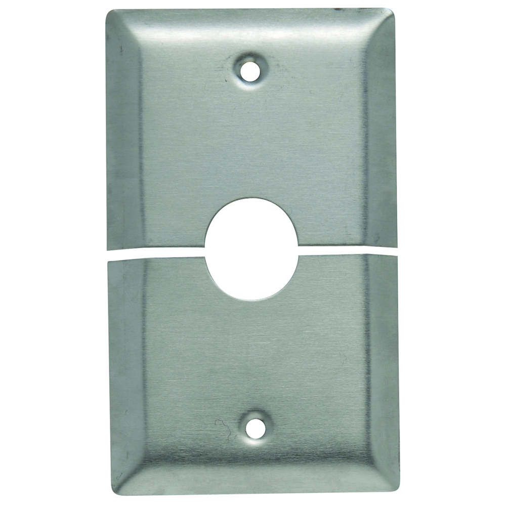 Single gang, Single outlet horizontal split wall plate for television or cable lead in. Box mounted, removable 5/8 ID grommet in 7/8 hole. Smooth 302 Stainless Steel.