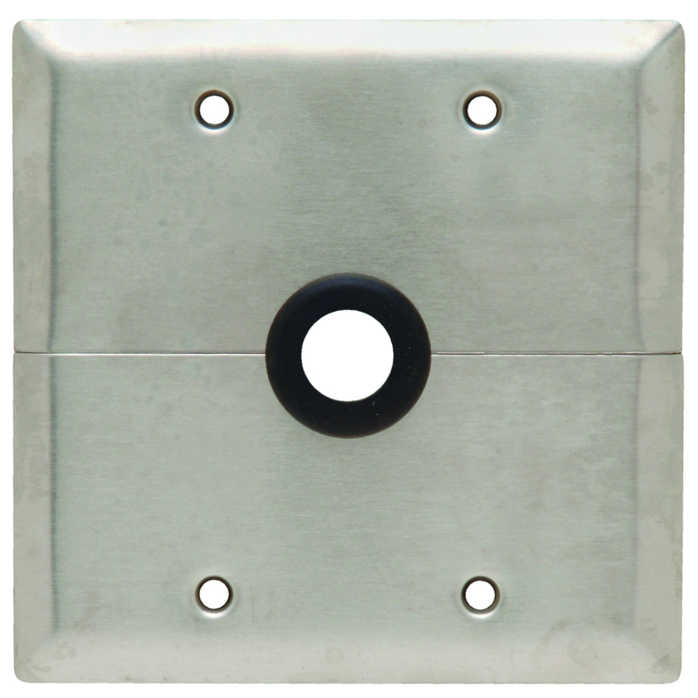 Double gang, Single centered outlet. horizontal split wall plate for television or cable lead in. Also furnished for strap mounting. Catalog #S788 with two #340 yokes. Box mounted removable 5/8 ID grommet in 7/8 hole. Smooth 302 Stainless Steel.