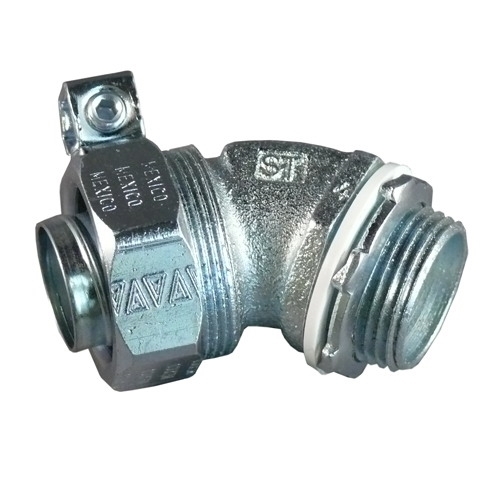 Non-Insulated Liquid Tight Conduit Connector With External Grounding Lug, 3/4 in Trade, 45 deg, Malleable Iron, Electroplated Zinc