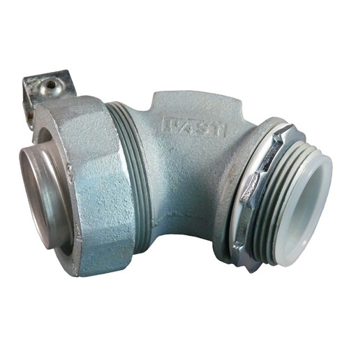 Insulated Throat 45 Degree Liquidtight Connector With External Grounding Lug; 1-1/2 Inch, Malleable Iron Body and Cap, Aluminum Ferrule, Zinc Electroplate, Chromate and Epoxy Powder Coat