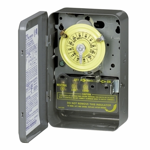 The NEMA 1 - 208-277 V 5HP SPST This heavy-duty electromechanical time switch is designed for industrial, commercial and residential applications. It features a high horsepower rating that is ideal for loads up to 40 amps resistive from 208 volts and direct 24-hour time switch control of most loads. All models are equipped with one "ON" and one "OFF" tripper. The unit contains a 1-circuit standard On/Off Single Pole Single Throw 40 Amps, 4000 watt capacity, 208-277 volts.