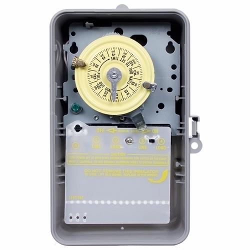 The NEMA 3R - Plastic Case 208-277 V DPST Gray Case The heavy duty mechanical time switch is designed for industrial, commercial and residential applications. Features a high horsepower rating that is ideal for loads up to 40 amps resistive from 120-volts and direct 24-hour time switch control of most loads. All models are equipped with one "ON" and one "OFF" tripper. The unit contains a 1-circuit standard On/Off Double Pole Single Throw 40 Amps, 4000 watt capacity, 208-277 VAC 60 Hz.