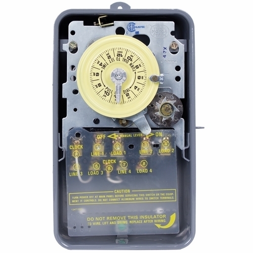 The NEMA 3R - Steel Case 480 V 4PST Separate clock motor and circuit terminals This Mechanical 24-Hour Time Switches are designed for commercial, industrial and residential applications. The Skipper feature enables users to omit operation on  selected day(s) of the week.