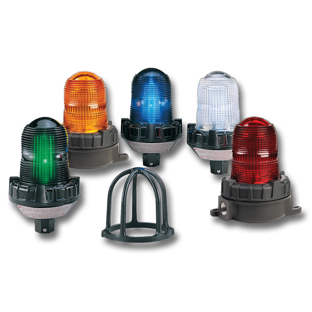 Flashing LED Hazardous Location Division Listed Warning Light, 24VAC/DC, Amber - Available in 24VAC/DC, 120-240VAC and 277VAC. Five lamp/lens colors: Amber, Blue, Clear, Green and Red. Flashing mode standard, configurable to steady-burn. 50,000 hour, vibration resistant LED lamp. Dome guard included. Available in 3/4-inch NPT pipe mount or surface mount. Type 4X, IP66 enclosure. IP69K compliant. Marine Listed. UL and cUL Listed for Class I, Division 2, Groups A, B, C and D & Class II, Division 1, Groups E, F and G & Class III.