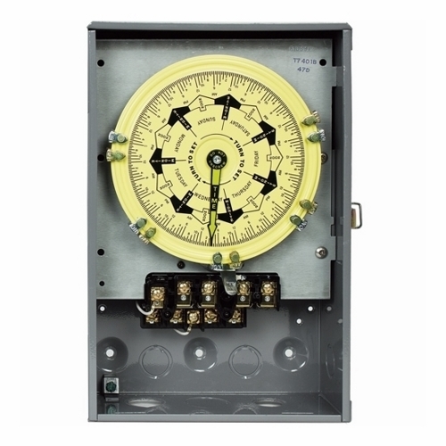 The 125V NONC 4PST SEP CLOCK MTR/CIRCUIT  These time switches provide a different 'ON/OFF' program each day of the week. They also provide for 4 pole single throw and 4 pole (2NO/2NC) switching. This series provides true 7-day load control with minimum ON and minimum OFF times of 3-1/2 hours. The 'BC' models with carryover provide a carryover of 16 hours minimum to maintain accurate load control even during power failure. When power resumes, the carryover automatically rewinds itself. Only 1 hour is required to rewind the carryover for each 2 hours of outage.