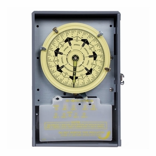 The 125V 4NO DPDT SEP CLOCK MTR/CIRCUIT  Provide true 7-day load control with a minimum ON/OFF time of 3 1/2 hours. The timer enables different programs to be set for each day of the week. It features 4-pole single throw and 4 pole (2 NO/2NC) switching and separate clock motor terminals for switching loads not on-line voltage.