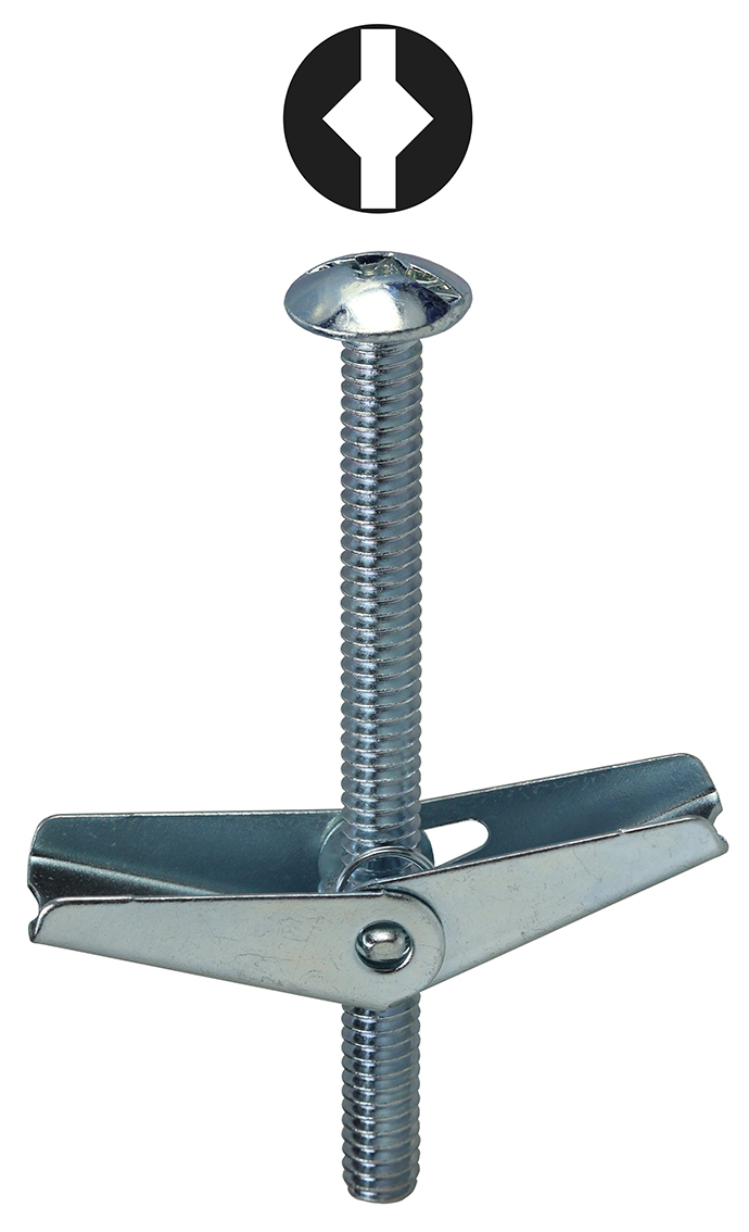 Mushroom Head with Spring Wing, Steel material, Zinc Plated Finish, 3 in. length, 3/16 in. diameter, 1/2 in. drill size, Square/Slotted drive type