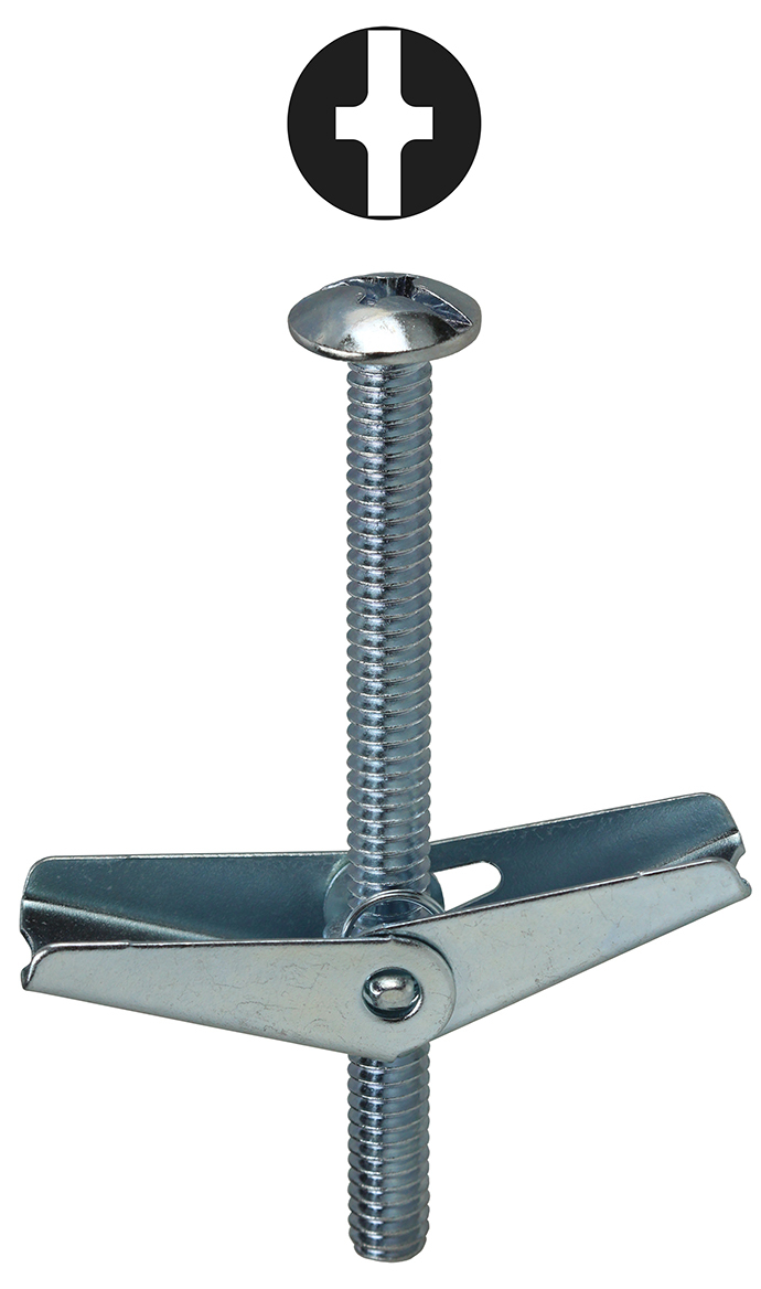 Mushroom Head with Spring Wing, Steel material, Zinc Plated Finish, 4 in. length, 3/16 in. diameter, 5/8 in. drill size, Slotted/Phillips drive type