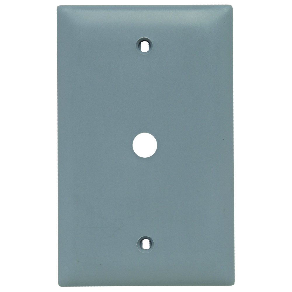 Single gang, single telephone or cable outlet 13/32 hole. Box mounted. Nylon Trademaster plate. Gray.
