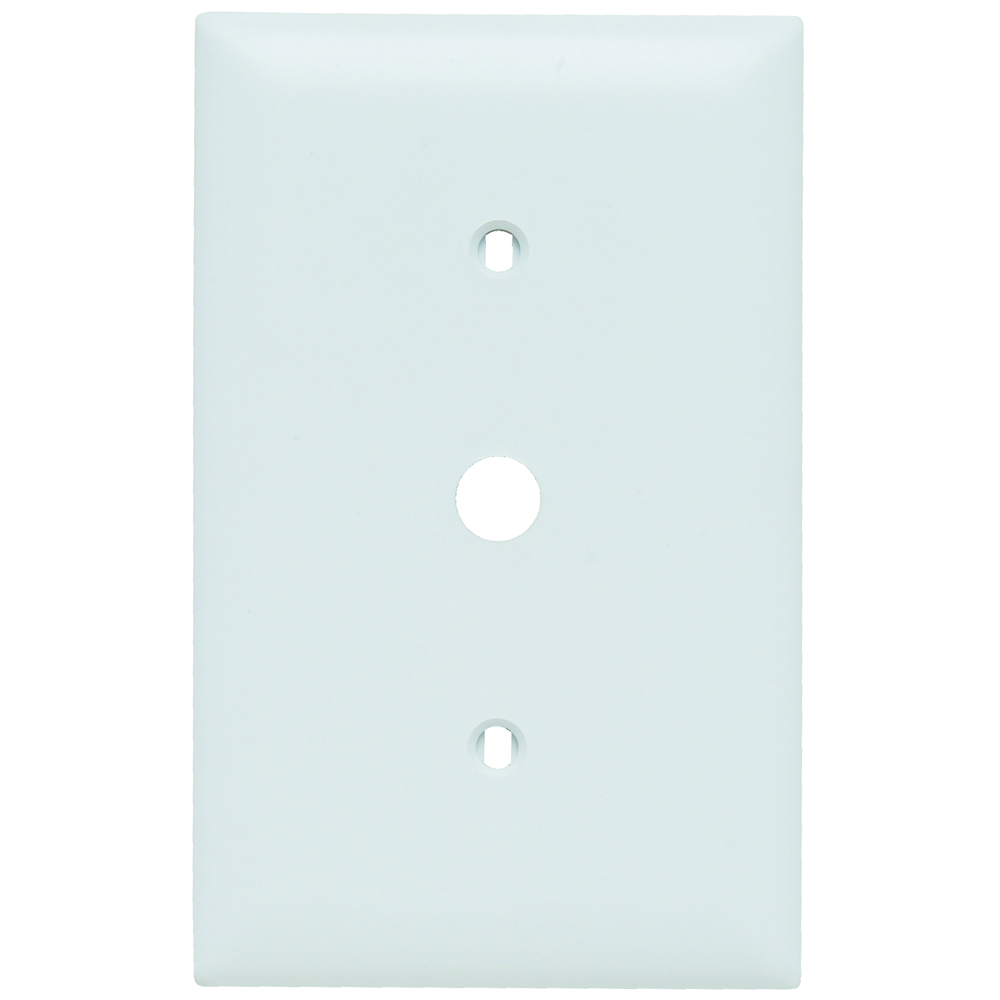 Single gang, Single telephone or cable outlet 13/32 hole. Strap mounted with adjustable yoke. One #340 yoke. Nylon trademaster plate. White.