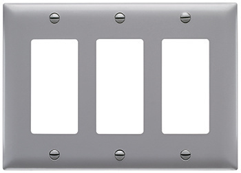 TradeMaster decorator wall plates are molded of rugged, practically indestructible self-extinguishing nylon. These wall plates provide a pleasing aesthetic with their contour design. Their rugged construction is virtually unbreakable and stands up to the most demanding of environments. (three gang, gray)
