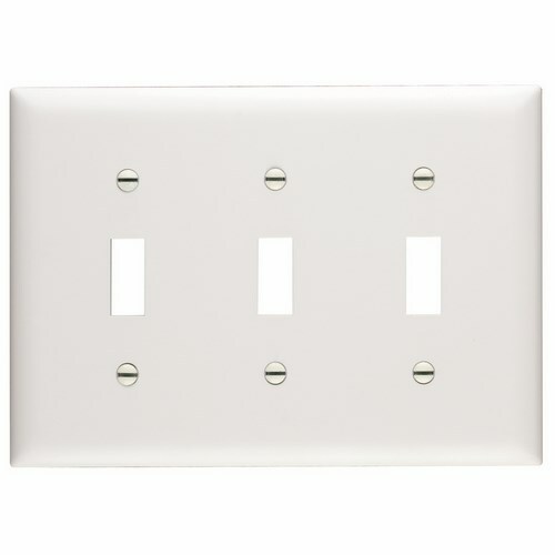 Trademaster Plate, with triple gang and triple toggle plate, is molded of rugged, practically indestructible self-extinguishing nylon. It is preferred for hospital, industrial, institutional, and other high-abuse applications. Available in Ivory, White, Brown, Gray, Black, Blue, Orange, Red, and Light Almond.