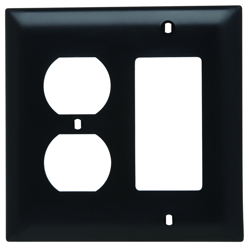 Combination Wall Plate, 1 Duplex Receptacle and, 1 Decorator, Two Gang, Black