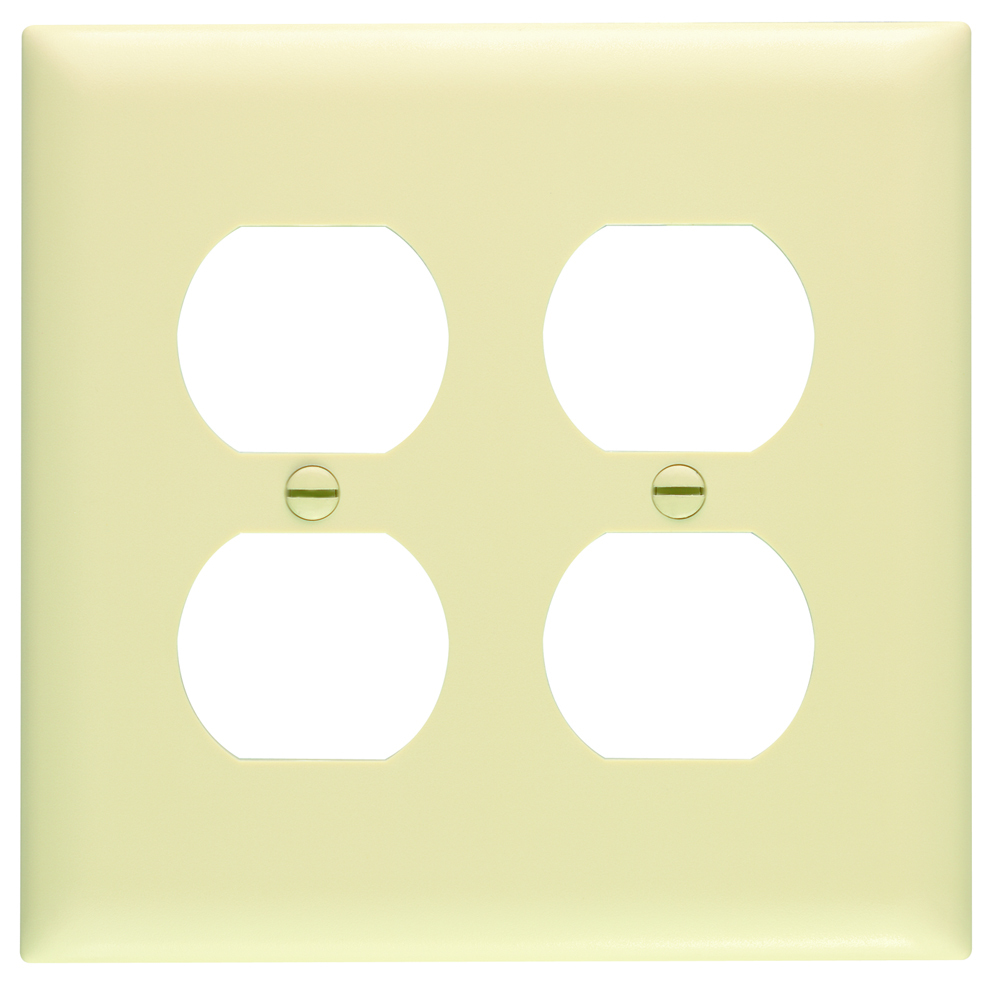Trademaster Plate, double gang and duplex, is molded of rugged, practically indestructible self-extinguishing nylon. It is preferred for hospital, industrial, institutional, and other high-abuse applications. Available in Ivory, White, Brown, Gray, Black, Blue, Orange, Red, and Light Almond.