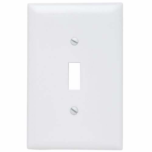 Trademaster Jumbo Wall Plate, single gang, toggle plate is molded of rugged, practically indestructible self-extinguishing nylon. It is preferred for hospital, industrial, institutional, and other high-abuse applications. Available in Ivory, White, Brown, Gray, Black, Blue, Orange, Red, and Light Almond.