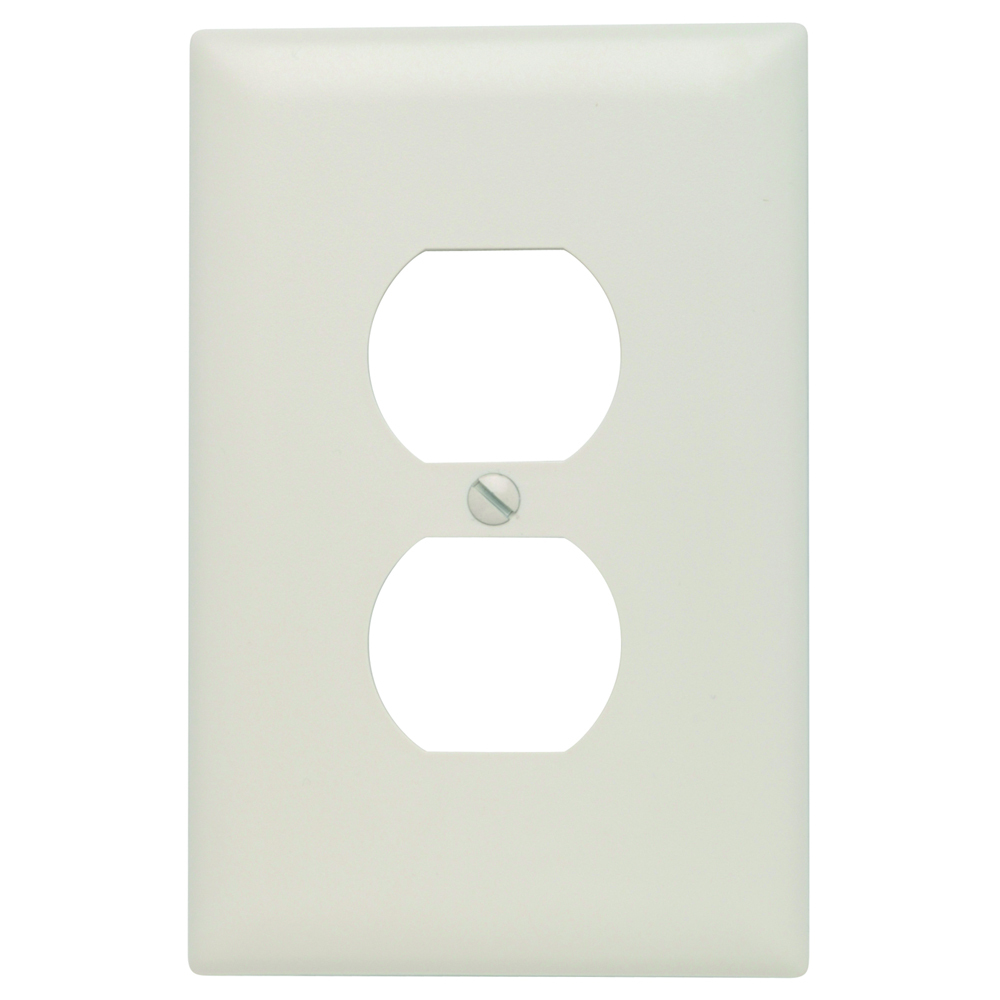 Trademaster Jumbo Wall Plate, single gang, duplex is molded of rugged, practically indestructible self-extinguishing nylon. It is preferred for hospital, industrial, institutional, and other high-abuse applications. Available in Ivory, White, Brown, Gray, Black, Blue, Orange, Red, and Light Almond.