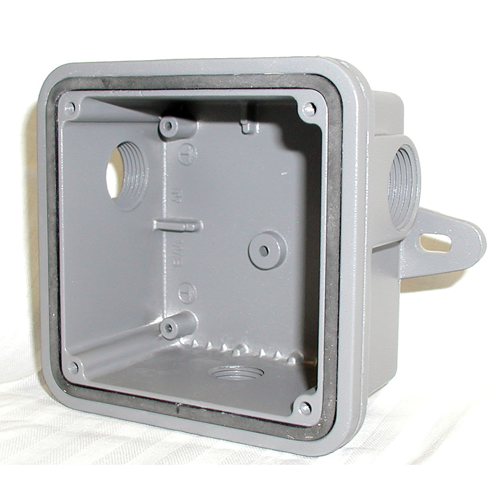 Back Box Gray - Accessory for model 350 horns. Cast aluminum neoprene-gasketed weatherproof housing for outside use, complete with mounting lugs.  Tapped for 1/2" and 3/4" conduit.  4-3/8" square box.  2" deep mounting lugs on 4-1/2" centers.