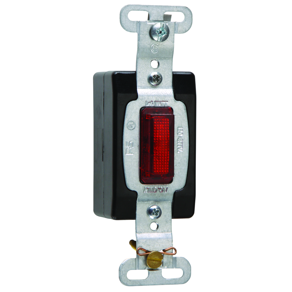 Long life neon bulb emits indicating light through transparent lens to show power is on. Ma ybe installed at the load, at the switching posts or at remote locations. We suggest the wall plate be engraved to explain indication. Fits standard wall box and takes standard toggle switch plate opening. Plate mounting is 2 3/8. UL listed 120/277 vac. Red.