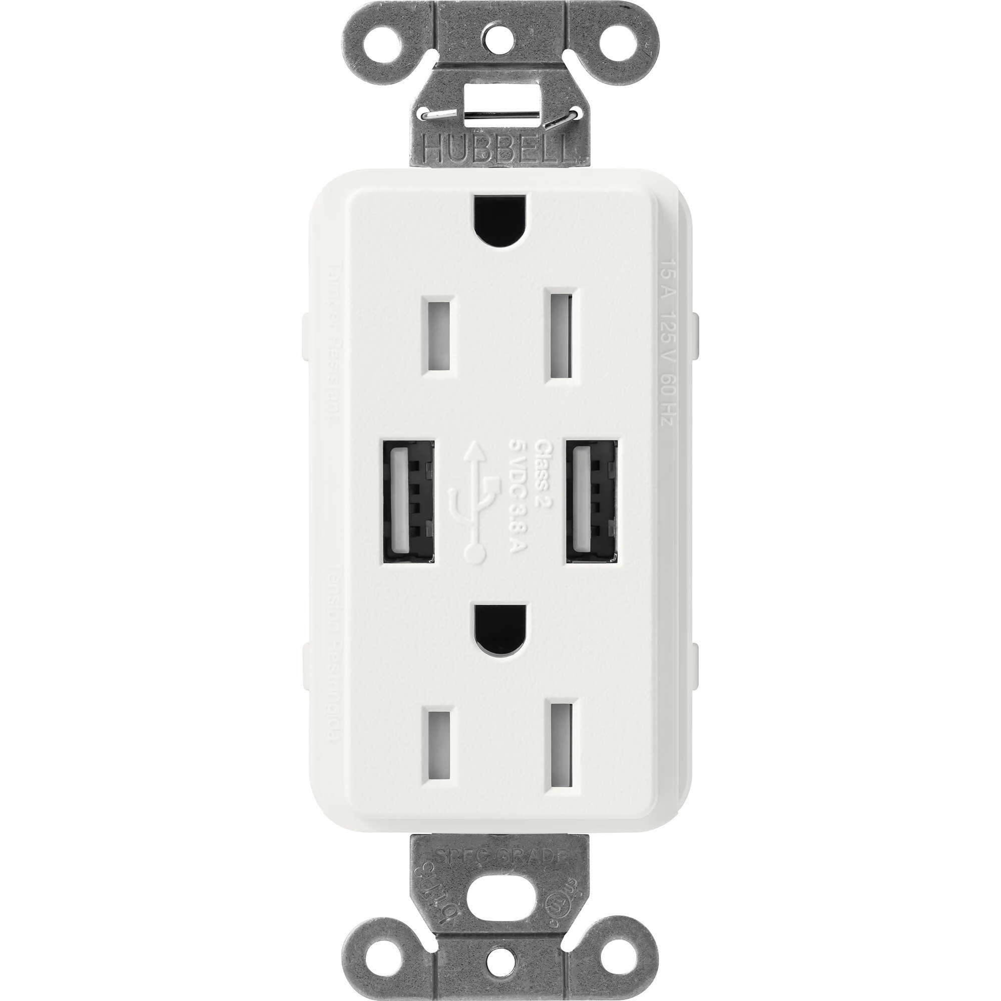 Lutron Claro USB Type A 2.0 Duplex Receptacle, 15 Amp, Architectural White