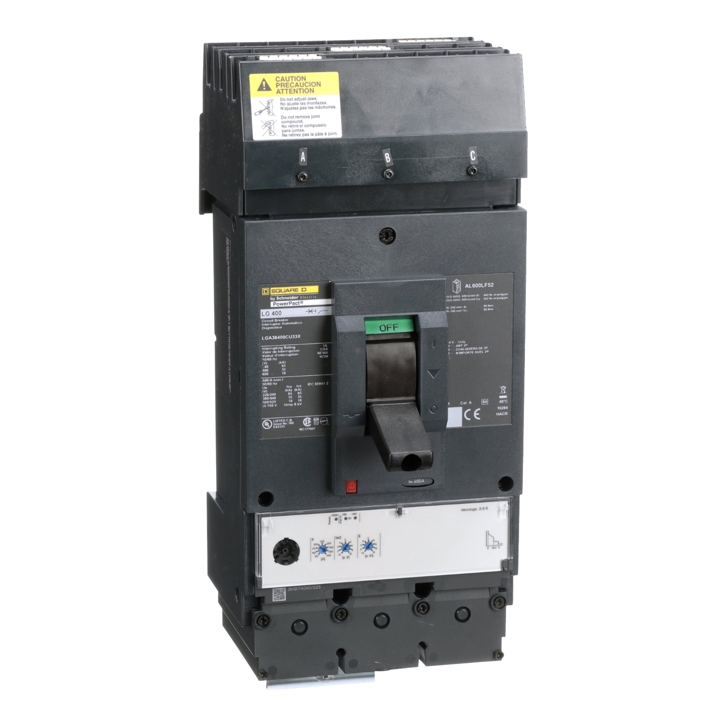 Circuit breaker, PowerPacT L, 400A, 3 pole, 600VAC, 18kA, I-Line, Micrologic 3.3S, 100%, ABC