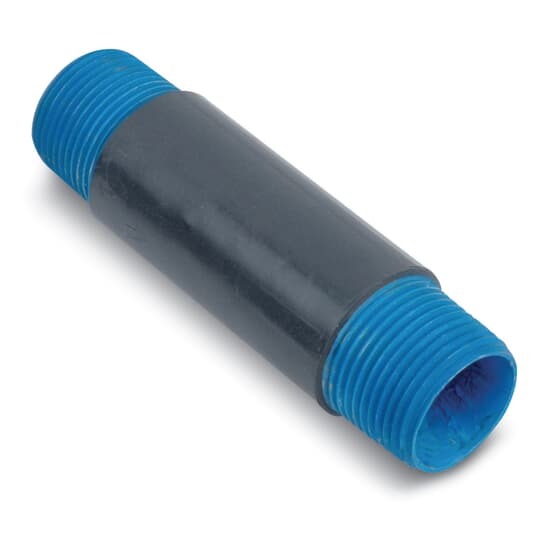 PVC Coated Conduit Nipple, 1-1/2 Inch/41 Metric Pipe Size x 6 Inch/152.4 Millimeters Nipple Length, Nominal .002 Inch (2 mil) Blue Urethane on Interior, Minimum .040 Inch (40 mil) PVC Coating on Exterior, Blue Urethane Coating Over Threads, Hot-Dip Galvanized Rigid Steel, Gray